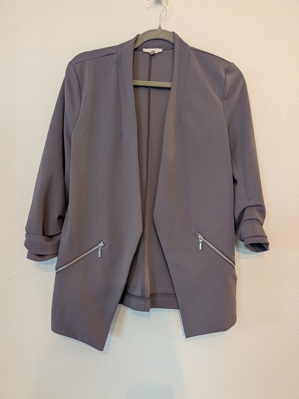 Maurices Ruched 3/4 Sleeve Open Front Blazer Purple / Grey - Size M